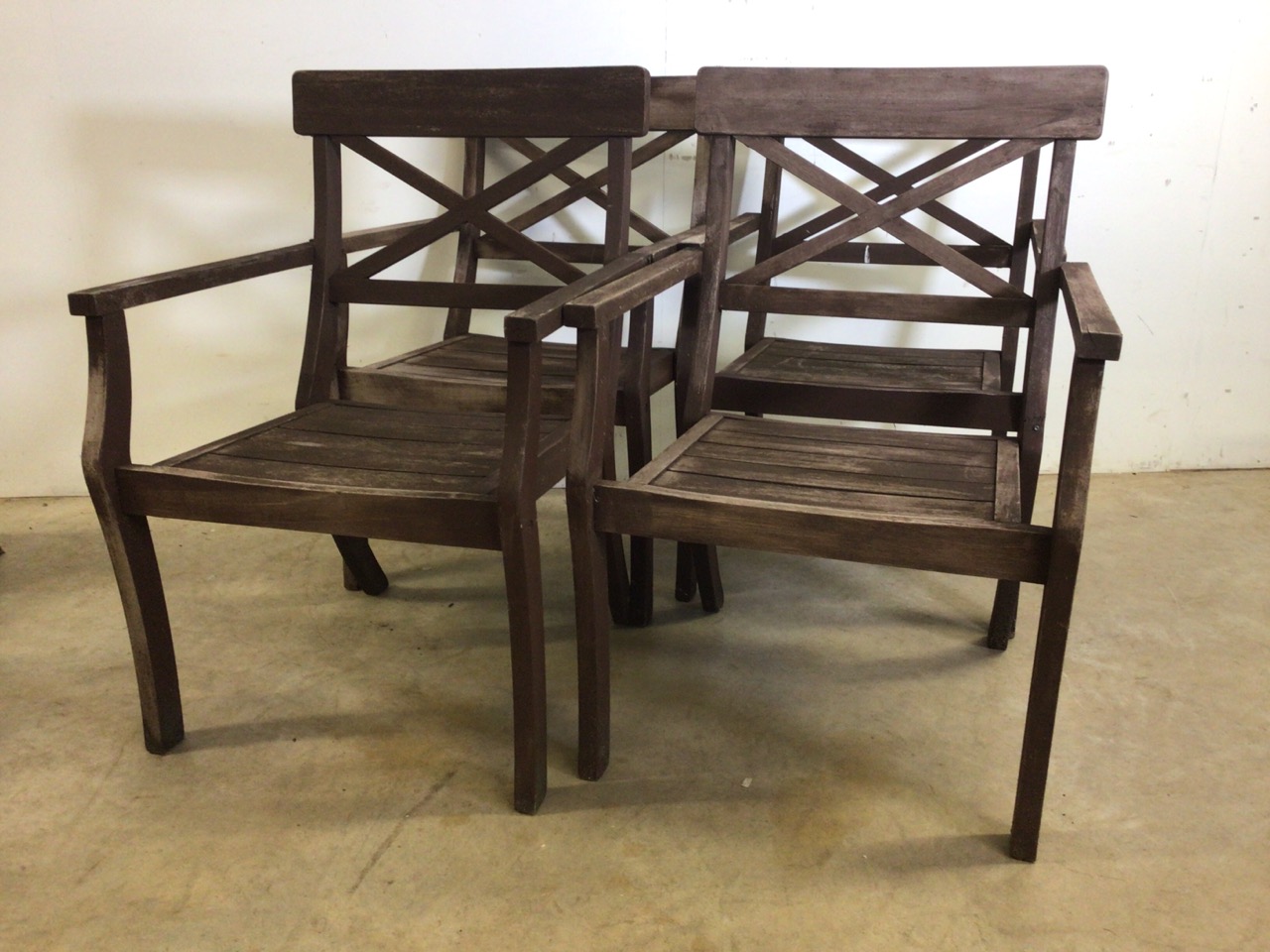 Four hardwood garden chairs from the Charleston collection. W:60cm x D:55cm x H:90cm