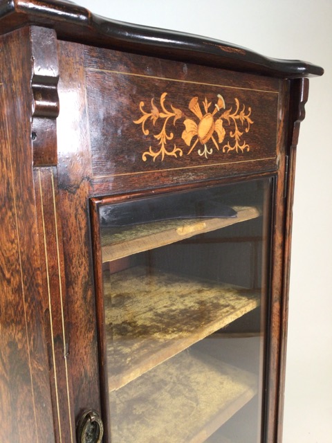 A Gillows style rosewood music cabinet with extensive inlay, glazed door to material lined - Image 3 of 12