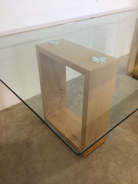 A large modern Abbas glass table with oak supports. W:240cm x D:120cm x H:76cm - Image 3 of 8