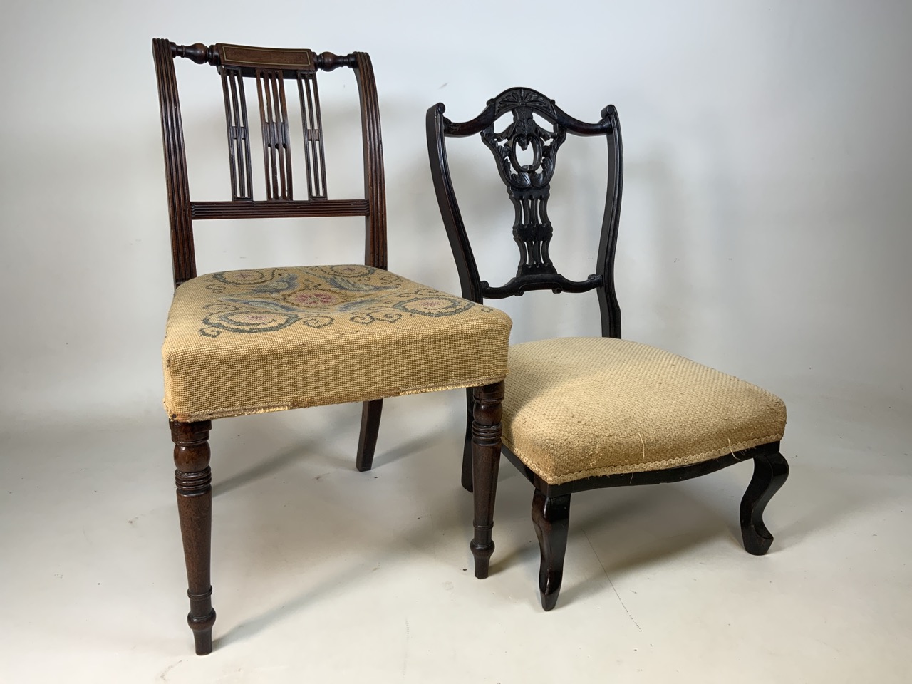 A Victorian low chair also with a Victorian tapestry seated mahogany dining chair.