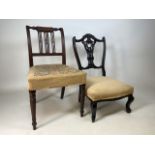 A Victorian low chair also with a Victorian tapestry seated mahogany dining chair.