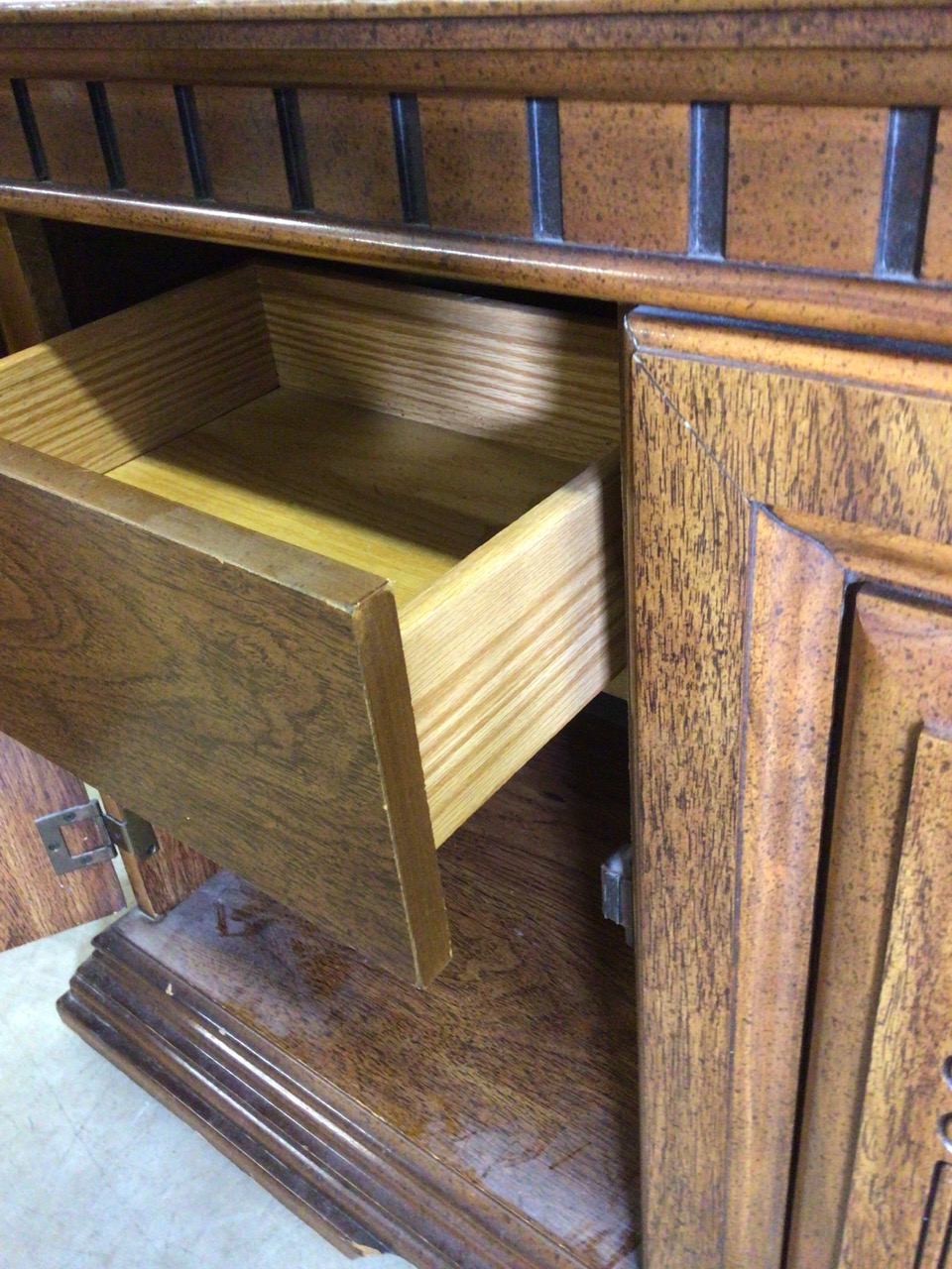 A reproduction glazed two piece display cupboard with decorated glass and cupboard beneath. W: - Image 3 of 5