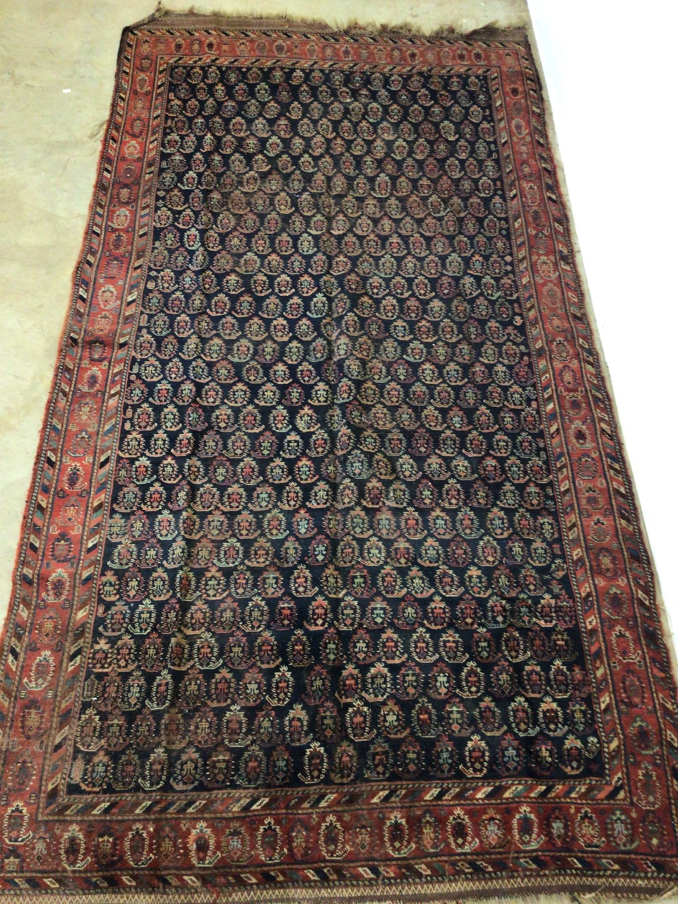 A vintage Persian Bihar rug with navy blue ground and terracotta borders. W:310cm x H:170cm