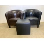 Two faux leather tub chairs also with a square footstool. W:70cm x D:70cm x H:77cm