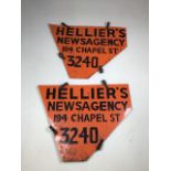 A pair of early 20th century enamel double sided shop advertising signs. Helliers Newsagency 194