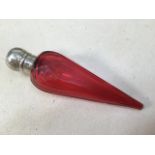 A teardrop silver lidded cranberry glass perfume bottle. H:11cm