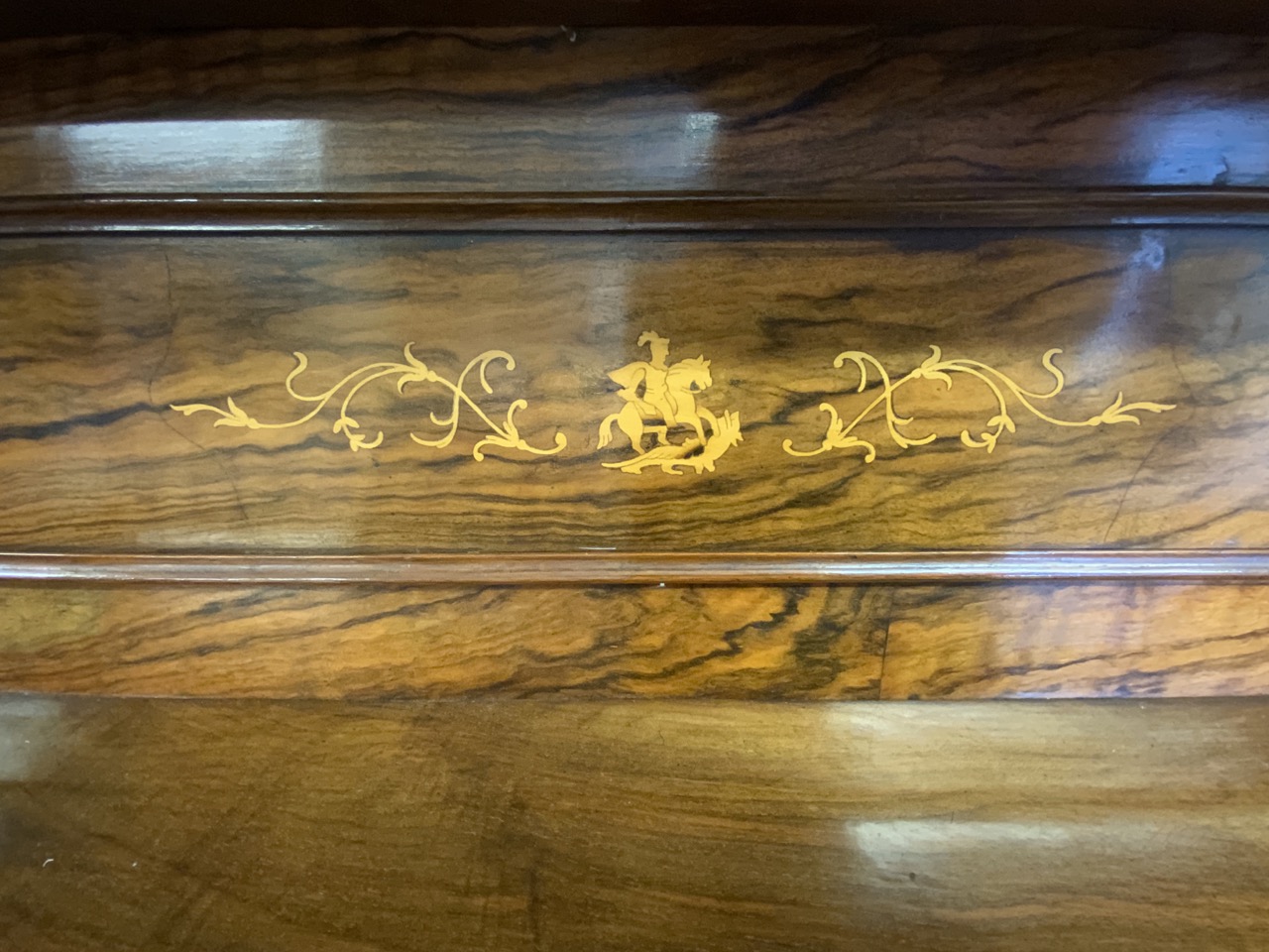 An inlaid walnut credenza with large double cupboard doors with interior shelf. With original mirror - Image 8 of 12