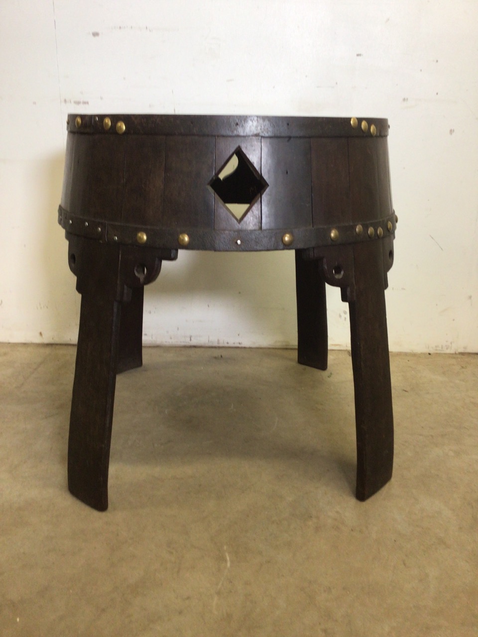 A pub table made from a wine barrel with carved card symbols. Borges Oporto stamped to top. W:65cm x