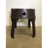 A pub table made from a wine barrel with carved card symbols. Borges Oporto stamped to top. W:65cm x