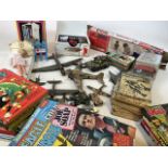 A large collection of vintage childrens toys - including matchbox cars and a Streak racing set, a