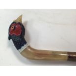 A pheasant head walking stick with horn handle. H:113cm