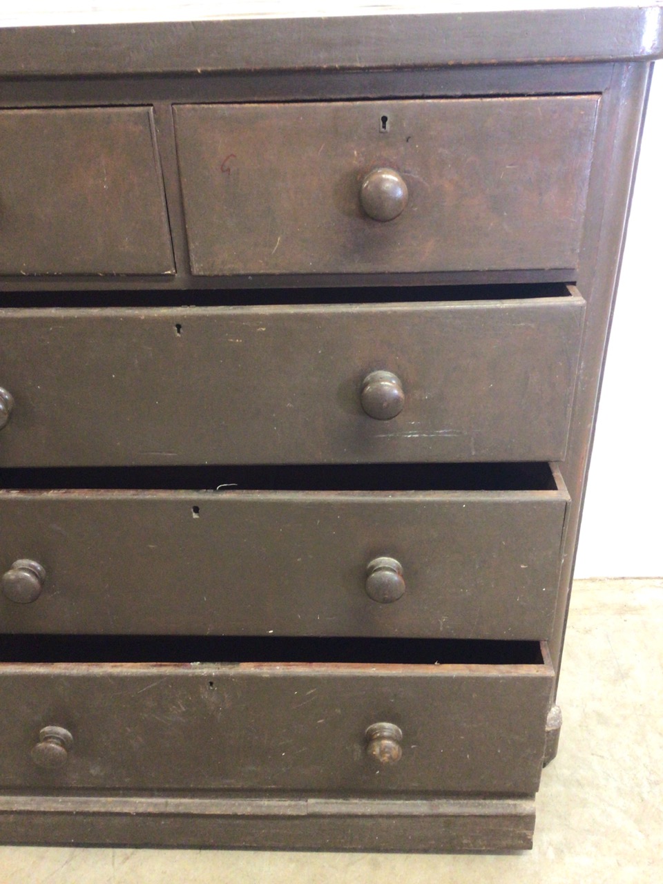 A Victorian painted pine chest of drawers with two short over three long drawers. W:104cm x D:46cm x - Image 6 of 7