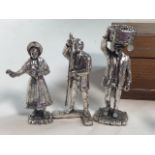 Eleven silvered figures and a wooden box with mother of pearl inlay.