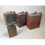 Four oil cans, two with shell logos and a BP motor oil container and an oil can W:24cm x D:15cm x