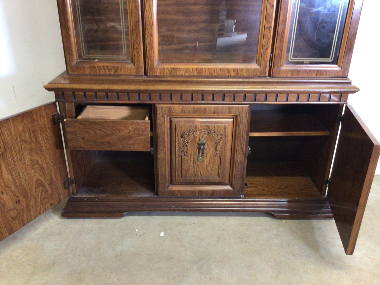 A reproduction glazed two piece display cupboard with decorated glass and cupboard beneath. W: - Image 2 of 5