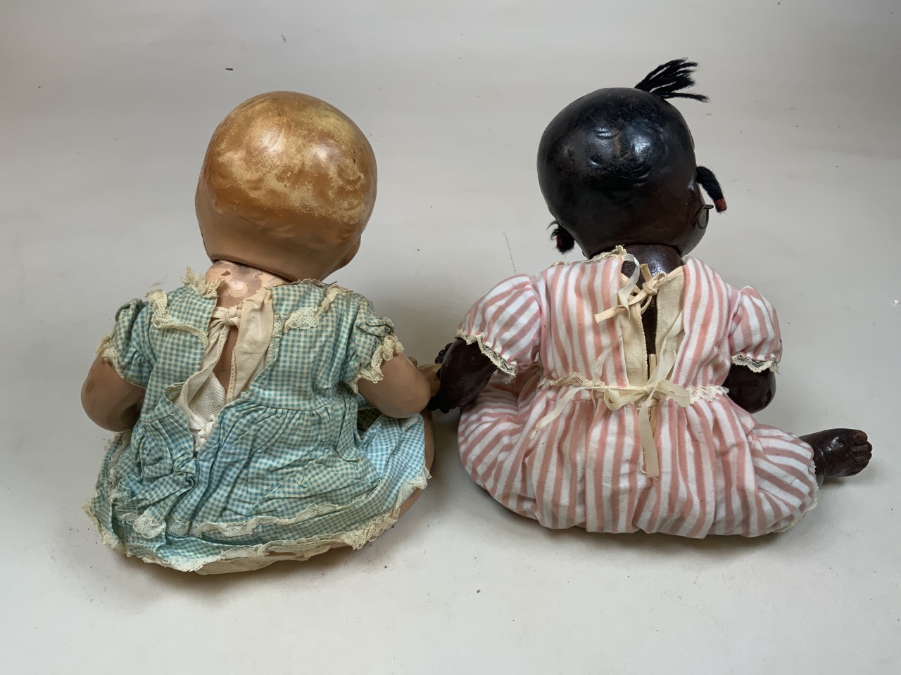 Two mid century composition dolls with a miniature doll together with a china dolls tea set - Image 3 of 4