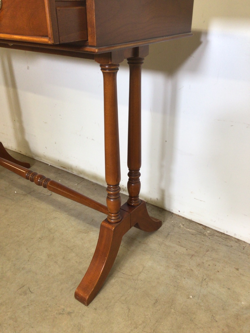 A 20th century French Cherry wood hall table with two drawers with brass handles, stretcher bar to - Image 3 of 5