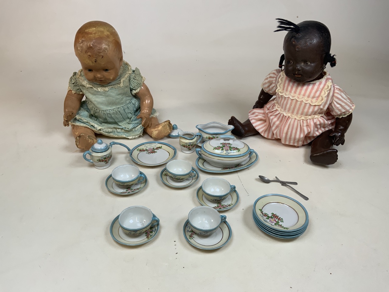 Two mid century composition dolls with a miniature doll together with a china dolls tea set - Image 4 of 4