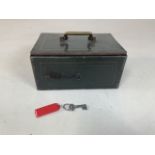 A vintage metal cash box with working key W:22cm x D:15cm x H:10cm