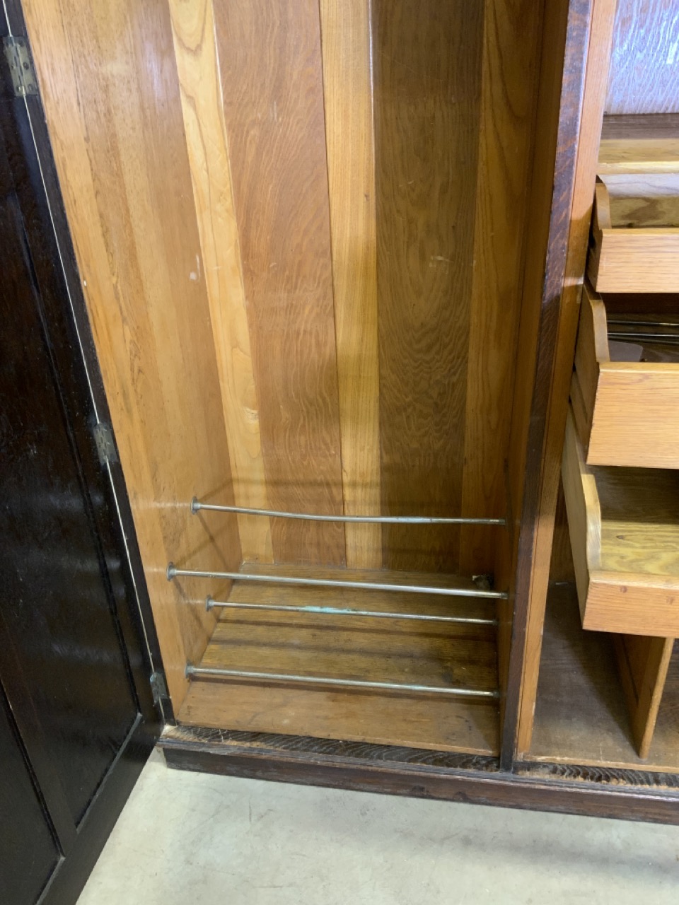 An early 20th century gentlemanâ€™s oak double wardrobe by Awlyn furniture with fitted shelves, - Image 6 of 10