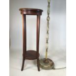 A mahogany inlaid Edwardian plant stand also with on onyx standard lamp. W:39cm x D:29cm x H:90cm