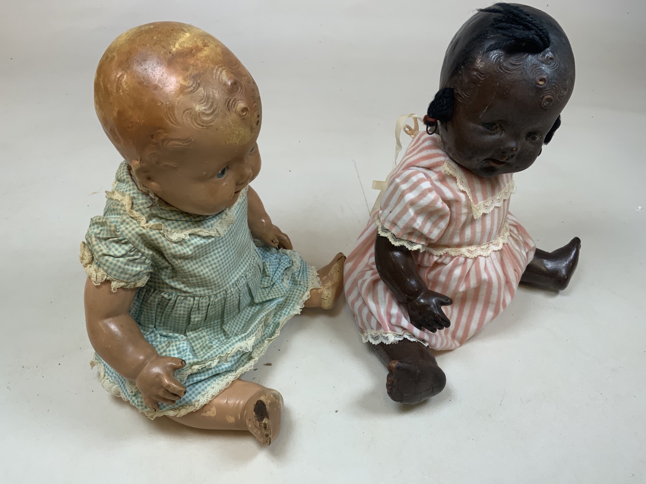 Two mid century composition dolls with a miniature doll together with a china dolls tea set - Image 2 of 4