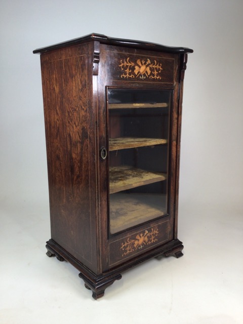 A Gillows style rosewood music cabinet with extensive inlay, glazed door to material lined - Image 2 of 12