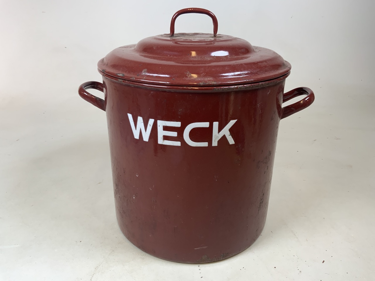 A vintage enamel Weck steriliser with galvanised steel holder and hooks H:43cm including handle W: