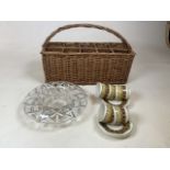 A vintage wicker ten bottle carrier together with Royal Doulton Parquet design tea cups and