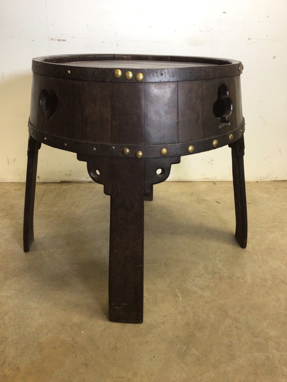 A pub table made from a wine barrel with carved card symbols. Borges Oporto stamped to top. W:65cm x - Image 3 of 5