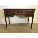 A mahogany inlaid side table with three drawers. W:100cm x D:50cm x H:76cm