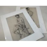 Two pencil life sketches on card of male models, one sat and one standing. Sketched by George