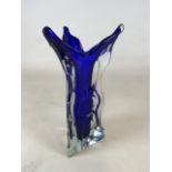 Decorative tri form glass vase with cobalt blue column inset to clear glass body. Unmarked, but of