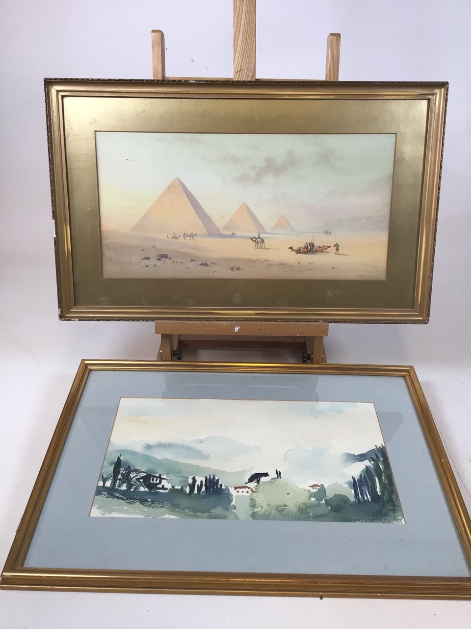A Sandra Rose semi abstract landscape watercolour also with a watercolour by F.Calaneo of Egyptian