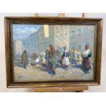 A framed oil painting of a continental market scene. Signed left hand corner W:54cm x H:39.5cm