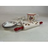Prices mid century Rooster Ware measuring jug and rolling pin (damaged) together with Crown Ducal