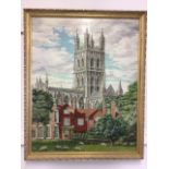 An oil on board of Gloucester cathedral signed Field in gilt frame.W:66cm x H:82cm