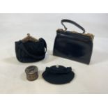 Three vintage handbags together with vintage wooden powder puff , Two evening bags with diamanté