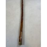 A walking stick - hazel with honeysuckle twist with a polished red deer antler handle with brass