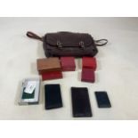 A leather mans shoulder bag/ briefcase together with two leather wallets by Hanson and a card holder