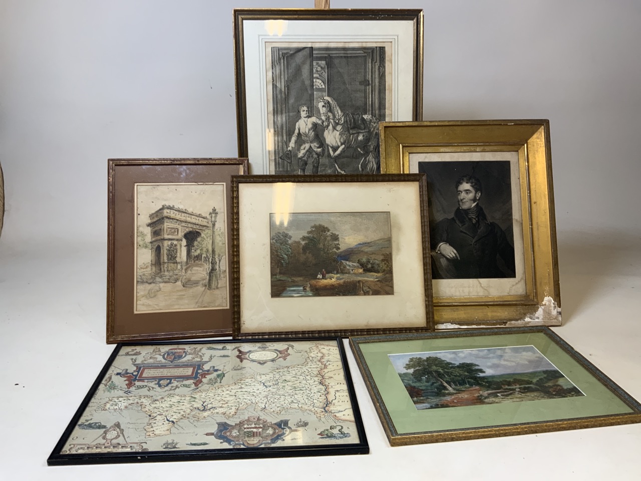 A collection of six pictures to include a of map of Cornwall, a pen and watercolour of the Arc de