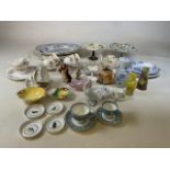 A collection of ceramics and collectibles to include a part Colclough tea set, two cake stands, blue