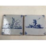 Two blue and white 18th-19th century Delft tiles depicting hunting and fishing.W:12.6cm x H:12.