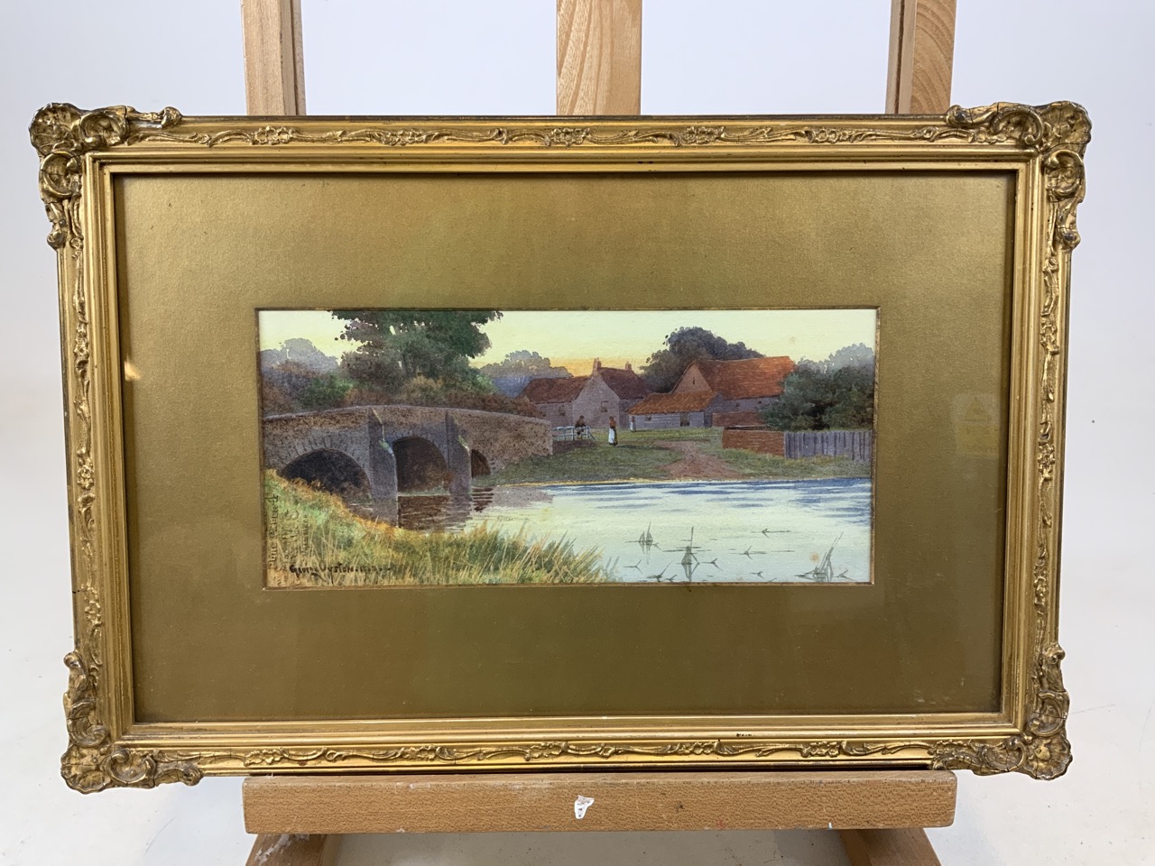 Original watercolour of a quiet riverside scene by George Oyston (1860 - 1937). Gilt frame. Signed - Image 2 of 6