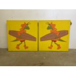 Two hand painted canvases depicting grasshoppers with fold up hopper boats.W:83cm x H:84cm