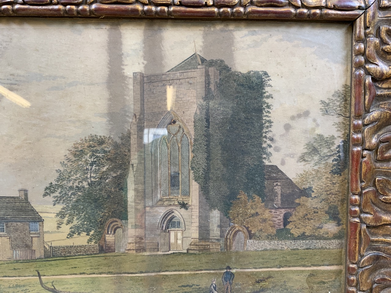 Framed watercolour of small parish church. Signature present, of indeterminate form.W:54cm x H: - Image 3 of 6