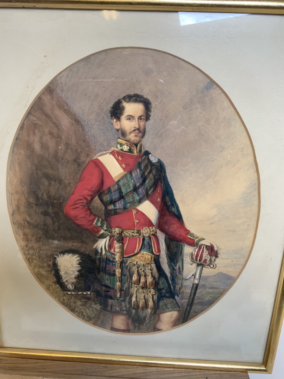 A framed watercolour of a Cameron Highlander signed W R Waters 1856W:34.5cm x H:39cm Frame - Image 2 of 3