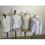1980s ladies blouses including frill lace blouses, a sleeveless planet blouse, a Jaeger blouse and