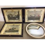 Three coloured etchings decoratively mounted and framed also with a convex circular mirror.