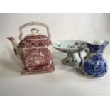 A Masons tea pot on stand with a Masons jug and a Limoges porcelain comport stamped CFH GDM.